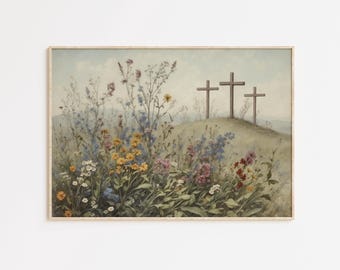 3 kruisen op de Golgotha-heuvel Religieus Pasen muurkunst poster/canvas, christelijke Jezus kruisiging/het is afgewerkt vintage olieverfschilderij