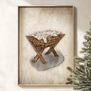 Baby Jesus Krippenszene Wandkunst Plakat / Leinwand, rustikale Weihnachtsgeschichte Aquarell handgemalte Krippenillustration Christliche Kunstwerk-Druck