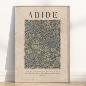 John 15:5 Vine and Branches Bible verse wall art Poster/Canvas, Vintage Christian Abide Scripture quote Church homeschool Botanical Artwork