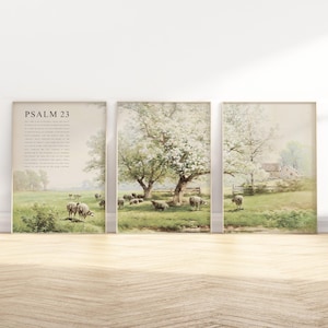 Psalm 23 Full Chapter Bible Verse wall art Poster/Canvas, Set of 3 Christian Vintage oil painting landscape scripture quote Artwork print