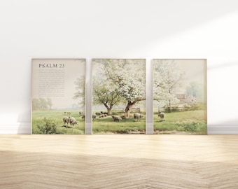 Psalm 23 Full Chapter Bible Verse wall art Poster/Canvas, Set of 3 Christian Vintage oil painting landscape scripture quote Artwork print