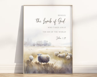 Behold the Lamb of God Bible Verse unframed Poster, Easter Decoration, John 1:29 Modern Christian watercolor Scripture quote wall art print