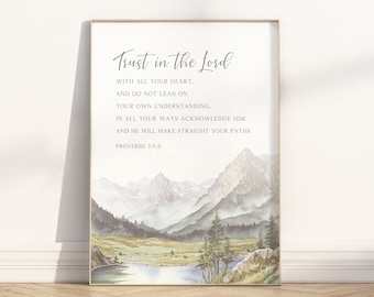 Spreuken 3:5-6 Vertrouwen in de Heer Bijbelvers Ingelijste poster kunst aan de muur, moderne christelijke aquarel landschap schrift citeer artwork print