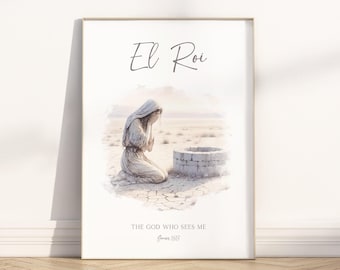 El Roi Hargar in der Wüste Bibel Vers Wandkunst Poster / Leinwand, hebräischer Name Gottes-Der Gott, der mich sieht Schrift Zitat Aquarell Kunstwerk