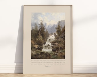 Isaiah 40:31 Hope in the Lord  Bible Verse Wall Art poster/Canvas, Christian vintage landscape mountain oil painting Scripture Quote Artwork