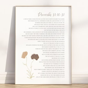 Proverbs 31 10-31 Virtuous woman Bible Verse Wall Art Poster/Canvas, Modern Boho Christian Scripture quote strength & dignity Floral Artwork
