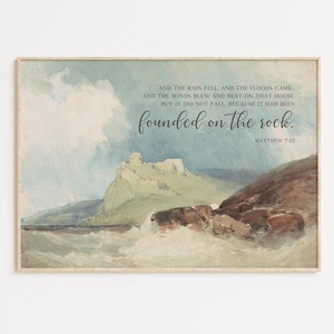 Matthew 7:25 house built on the rock Bible Verse Wall Art Poster/Canvas, Christian vintage watercolor landscape painting scripture quote