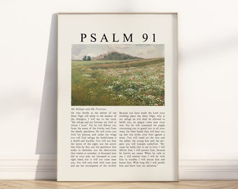 Psalm 91 My Refuge and My Fortress Bible Verse Unframed Poster wall art, Vintage Christian Landscape oil painting Religious Scripture quote