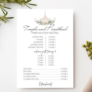 May include: A printable checklist for a Temple and Priesthood Preparation Meeting. The checklist includes spaces to fill in names for the conductor, pianist, chorister, opening song, opening prayer, speaker, closing remarks, closing song, and closing prayer. The checklist also includes a section for refreshments.