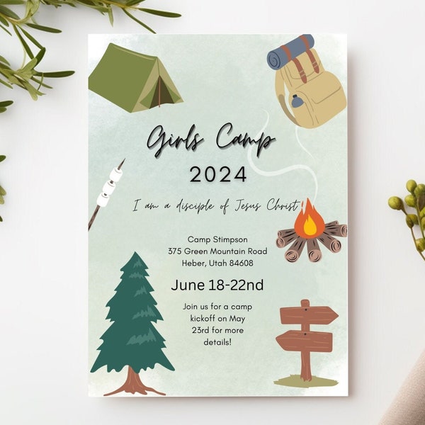 Girls Camp Invitation | LDS Girls CampInvite | Young Women Camp Announcement | Canva Editable Template | Instant Download