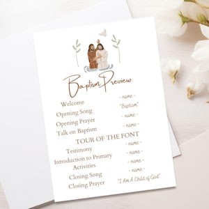May include: A printable baptism preview checklist with a watercolour illustration of two people in a baptismal font. The checklist includes items such as welcome, opening song, opening prayer, talk on baptism, tour of the font, testimony, introduction to primary, activities, closing song, and closing prayer.