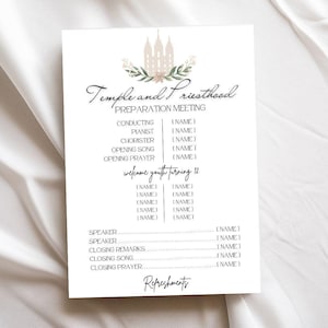 Può includere: Lista di controllo stampabile per un incontro di preparazione al tempio e al sacerdozio. La lista di controllo include spazi per scrivere i nomi per la conduzione, il pianista, il direttore del coro, il canto di apertura, la preghiera di apertura, l'oratore, le osservazioni speciali, il canto di chiusura e la preghiera di chiusura. La lista di controllo include anche una sezione per i rinfreschi.