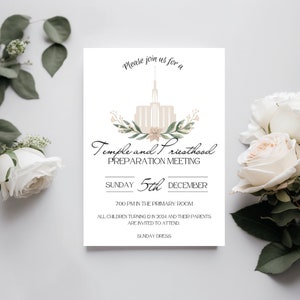 May include: A white invitation with a watercolor illustration of a temple and floral accents. The text reads "Please join us for a Temple and Priesthood Preparation Meeting, Sunday 5th December, 7:00 PM in the Primary Room. All children turning 12 in 2024 and their parents are invited to attend. Sunday Dress."