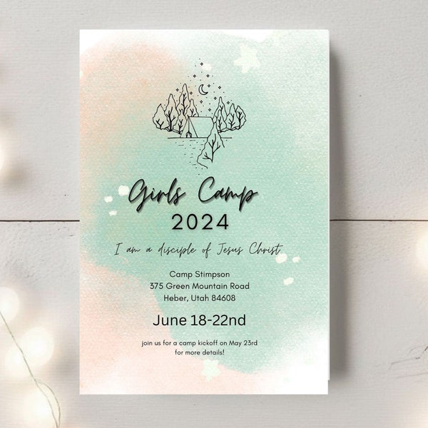 Girls Camp Invitation | LDS Girls Camp Watercolor Invite | Young Women Camp Announcement | Canva Editable Template | Instant Download