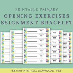May include: Printable primary opening exercises assignment bracelets. The design features multiple white cards with lines for writing and colorful abstract shapes. Text includes "Talk", "Prayer", and "Scripture". The background is a light green color.