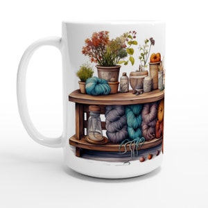 Knitters Shelf Ceramic Mug: Vintage Knitting Gift, Artist Design (15oz)