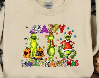Halloween Thanksgiving Christmas  Shirt, Happy HalloThanksMas Sweatshirts, Happy Hallothanksmas Shirts, Funny Halloween Shirt, Christmas Tee