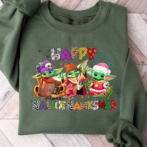 Halloween Thanksgiving Christmas Baby Yoda Shirt, Happy HalloThanksMas Sweatshirts, Happy Hallothanksmas Shirts, Funny Halloween Shirt
