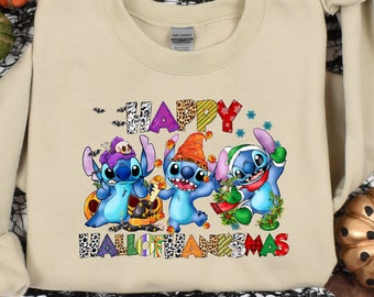 Happy Hallothanksmas Stitch Sweatshirt - Funny Halloween Thanksgiving Christmas Shirt
