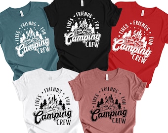 May include: Five t-shirts in different colours with a campfire design and the text "FIRES FRIENDS FUN CAMPING CREW".