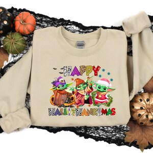 Halloween Thanksgiving Christmas Baby Yoda Shirt, Happy HalloThanksMas Sweatshirts, Happy Hallothanksmas Shirts, Funny Halloween Shirt