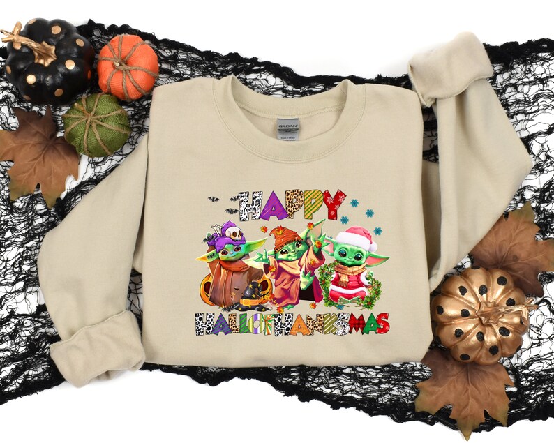 Halloween Thanksgiving Christmas Baby Yoda Shirt, Happy HalloThanksMas Sweatshirts, Happy Hallothanksmas Shirts, Funny Halloween Shirt