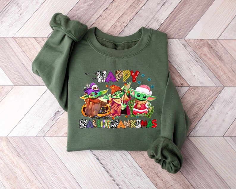 Halloween Thanksgiving Christmas Baby Yoda Shirt, Happy HalloThanksMas Sweatshirts, Happy Hallothanksmas Shirts, Funny Halloween Shirt