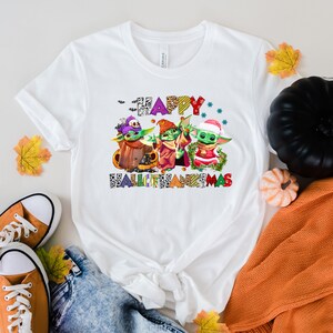Halloween Thanksgiving Christmas Baby Yoda Shirt, Happy HalloThanksMas Sweatshirts, Happy Hallothanksmas Shirts, Funny Halloween Shirt