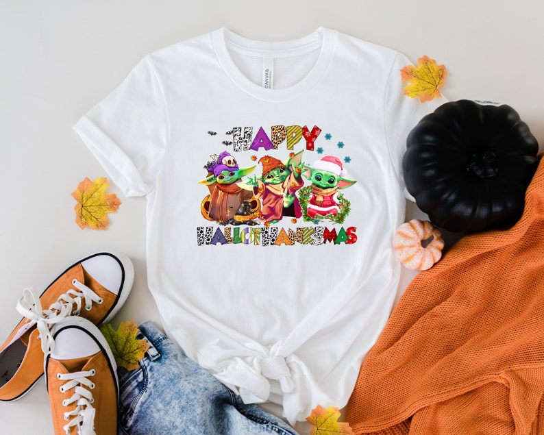 Halloween Thanksgiving Christmas Baby Yoda Shirt, Happy HalloThanksMas Sweatshirts, Happy Hallothanksmas Shirts, Funny Halloween Shirt