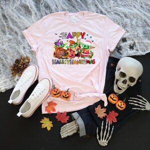 Halloween Thanksgiving Christmas Baby Yoda Shirt, Happy HalloThanksMas Sweatshirts, Happy Hallothanksmas Shirts, Funny Halloween Shirt