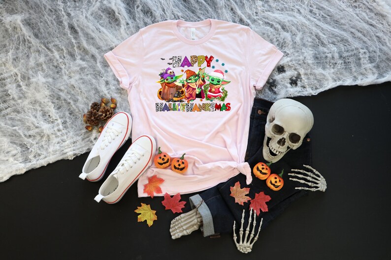 Halloween Thanksgiving Christmas Baby Yoda Shirt, Happy HalloThanksMas Sweatshirts, Happy Hallothanksmas Shirts, Funny Halloween Shirt