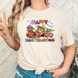 Halloween Thanksgiving Christmas Baby Yoda Shirt, Happy HalloThanksMas Sweatshirts, Happy Hallothanksmas Shirts, Funny Halloween Shirt