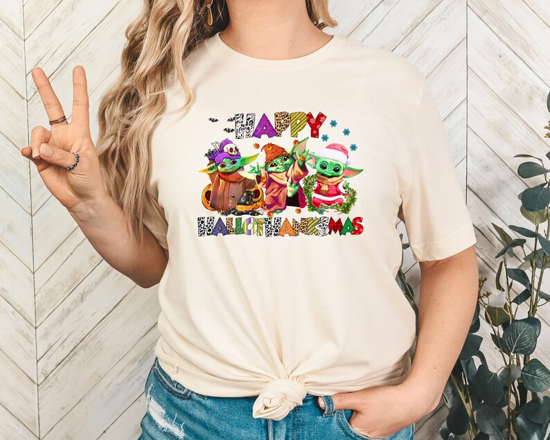 Halloween Thanksgiving Christmas Baby Yoda Shirt, Happy HalloThanksMas Sweatshirts, Happy Hallothanksmas Shirts, Funny Halloween Shirt