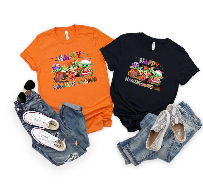 Halloween Thanksgiving Christmas Baby Yoda Shirt, Happy HalloThanksMas Sweatshirts, Happy Hallothanksmas Shirts, Funny Halloween Shirt