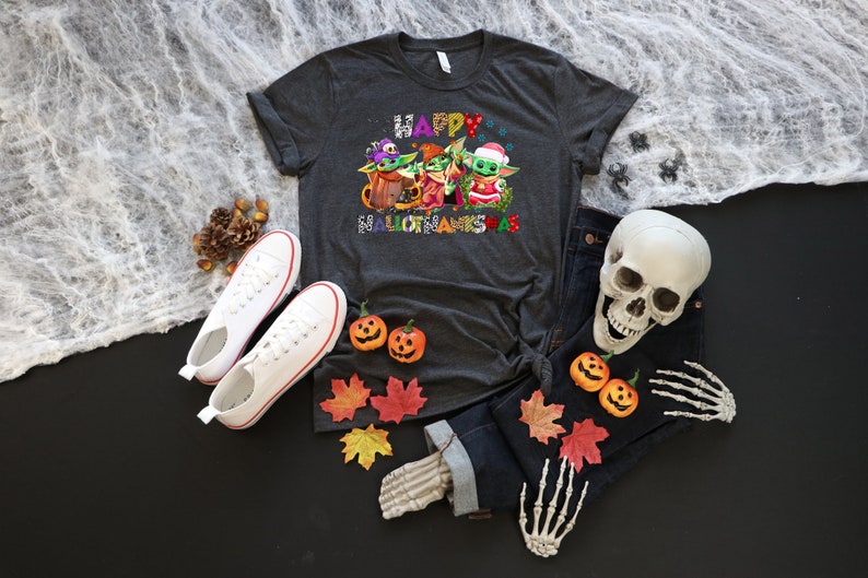 Halloween Thanksgiving Christmas Baby Yoda Shirt, Happy HalloThanksMas Sweatshirts, Happy Hallothanksmas Shirts, Funny Halloween Shirt