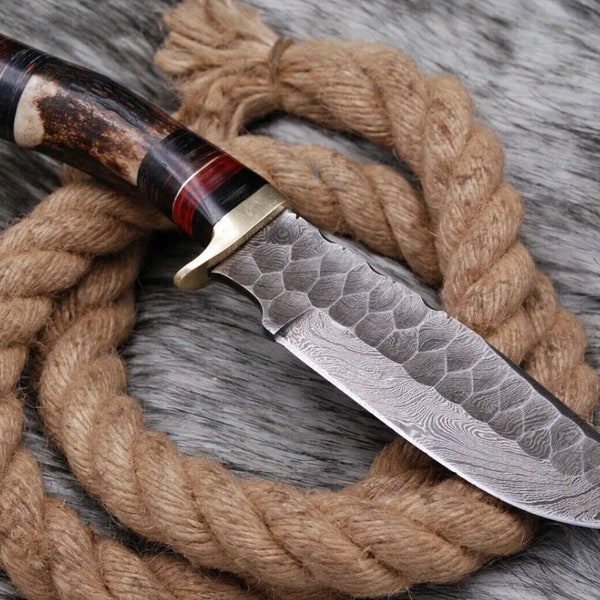 Handmade Damascus steel hunting skinning guthook knife stag horn handle x-399