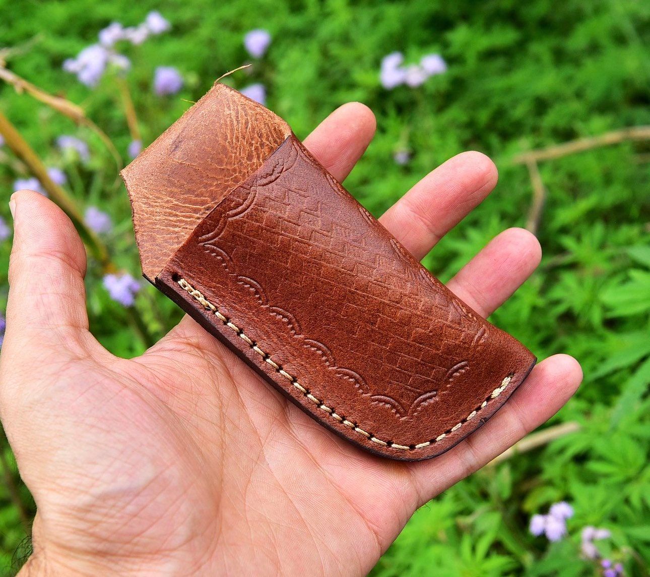 Embossed Leather Knife Sheath Camel Brown Basketweave Belt Etsy