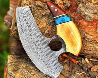 Custom Handmade Damascus Ulu Knife Vintage Alaskan Kitchen Knife Chef Knife Comes With Genuine Leather Sheath