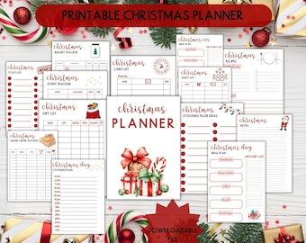 May include: Printable Christmas planner with a red and green watercolor illustration of presents, candy canes, and a bow. The planner includes pages for budgeting, gift lists, event tracking, meal planning, grocery lists, and more.