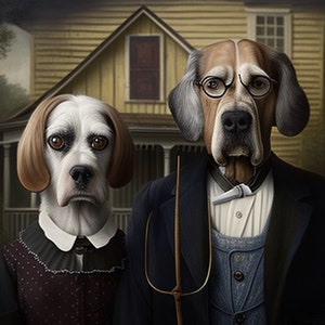 Set of 2 Printable Dog American Gothic Remake Wall Art | Modern Dog Digital Wall Art Decor | Dog Humor | Doggo