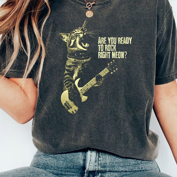 Cat Playing Guitar Unisex Jersey Tee - Are You Ready to Rock Shirt - Funny Cat Shirt - Gag Shirt Gift for Him or Her - Rock and Roll Cat