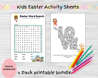 Easter activity sheets for kids; Christian activity pages; Kids crosswords; Kids maze; Kids coloring