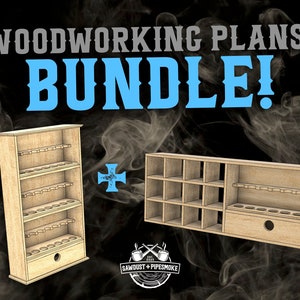 May include: Image of woodworking plans bundle. The image shows two wooden storage units with multiple shelves and compartments. The text "WOODWORKING PLANS: BUNDLE!" is displayed in a stylized font. The logo for "SAWDUST + PIPESMOKE" is also visible.