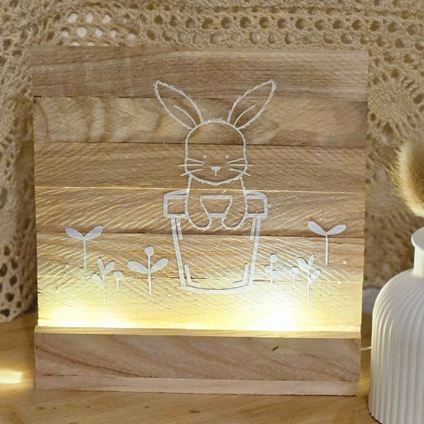 Bild mit Beleuchtung aus Holz, Bild niedlicher Hase in Blumentopf