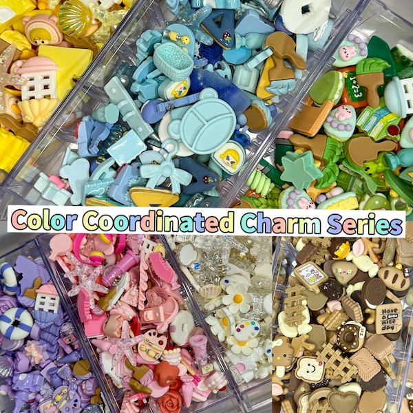 Color coordinated Charm Mixture Decoden DIY Charms Cabochons Cream Glue Craft Pink Blue Yellow Green Brown White Purple