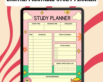 Peut inclure: Un planificateur d'études numérique ou imprimable avec un fond rose et des illustrations de dessins animés colorés. Le planificateur comprend des sections pour l'heure de début, l'heure de fin, l'horaire, le sujet du jour, les objectifs d'études, la liste de contrôle des temps de pause et les notes/rappels.