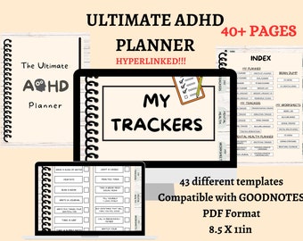 May include: A digital planner for people with ADHD. The cover features a black and white illustration of a brain with gears. The planner is compatible with GoodNotes and is in PDF format. The planner is 8.5 inches by 11 inches.