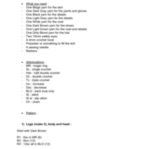 May include: A crochet pattern for an amigurumi doll. The pattern includes instructions for making the doll's legs, body, and head. The pattern uses various colors of yarn, including dark brown, beige, black, gray, white, light brown, and dirty blond. The pattern also includes abbreviations for crochet stitches.