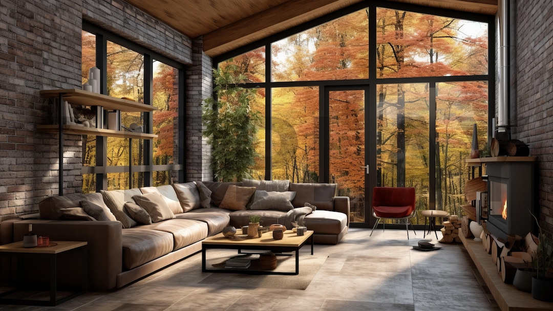 English Cottage Style Fall Virtual Background, Living Room Backdrop