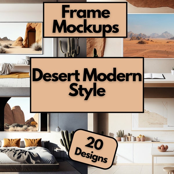 20 Frame Mockup Bundle, Desert Modern, Kitchen, Bedroom, Office, Hallway, Home Interior, Poster Mockup, Canva, Photoshop, Wall Art